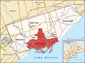 Localização da Old Toronto (vermelho) em Toronto