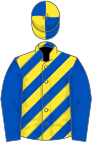 Royal blue and yellow diagonal stripes, royal blue sleeves, quartered cap
