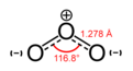 Skeletal formula of ozone with partial charges shown with some dimensions