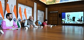 Prime Minister Narendra Modi in a video conference during the lockdown. PM Modi conference on COVID-19 India lockdown.jpg