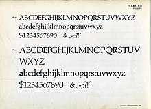 The roman form of Palatino from an American metal type specimen sheet. This design shows the alternate characters used on later releases. Palatino specimen sheet.jpg
