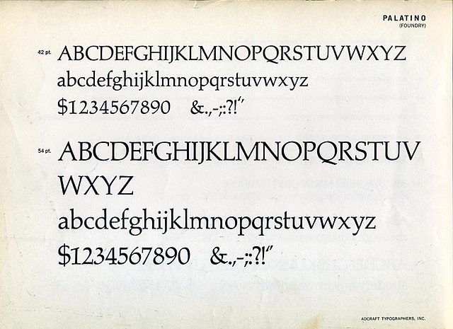 The roman form of Palatino from an American metal type specimen sheet. This design shows the alternate characters used on later releases.