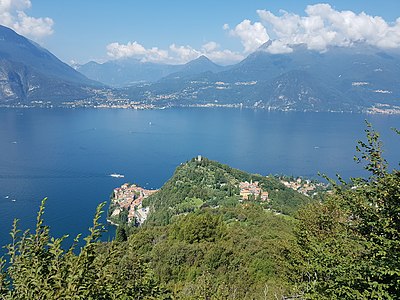 A view from Varenna to valley Val Menaggio, Monte Grona in clouds,