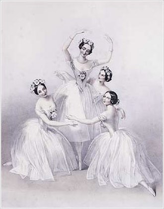 Lithograph by A. E. Chalon of Carlotta Grisi (left), Marie Taglioni (center), Lucille Grahn (right back), and Fanny Cerrito (right front) in the Perro
