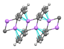 Solid phenyllithium forms monoclinic crystals that can be described as consisting of dimeric Li2(C6H5)2 subunits. The lithium atoms and the ipso carbons of the phenyl rings form a planar four-membered ring. The plane of the phenyl groups is perpendicular to the plane of this Li2C2 ring. Additional strong intermolecular bonding occurs between these phenyllithium dimers and the p electrons of the phenyl groups in the adjacent dimers, resulting in an infinite polymeric ladder structure. Phenyllithium-chain-from-xtal-Mercury-3D-balls.png