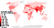 ความหนาแน่นของประชากร (ต่อ 1 ตารางกิโลเมตร) แบ่งตามประเทศในปี 2015