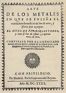 Cover of the first edition of the Alvaro Alonso Barba book, Arte de los metales, The Art of Metals Portada Alonso Barba.jpg