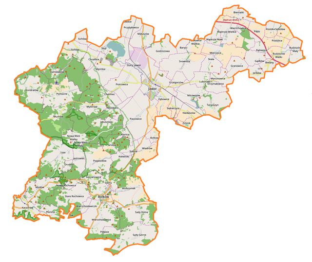 Mapa konturowa powiatu jaworskiego, blisko centrum u góry znajduje się punkt z opisem „Jawor”