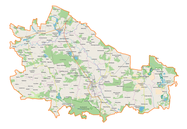 Mapa konturowa powiatu lubartowskiego, po prawej nieco na dole znajduje się punkt z opisem „Ostrów Lubelski”