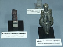 Copy of Venus of Petrkovice beside that of Venus of Dolni Vestonice at an exhibition in the National Museum, Prague Prehistoric Times of Bohemia, Moravia and Slovakia - NM Prague 68.JPG