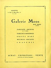 Mainos Moos-galleriasta, julkaistu lehdessä "L'Art en Suisse", tammikuu 1931, nro 1. Digitaalinen taiteen ja arkeologian kirjasto (BAA), Geneve.