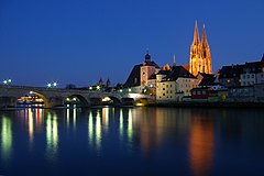 The Stone Bridge and Regensburg Cathedral by night