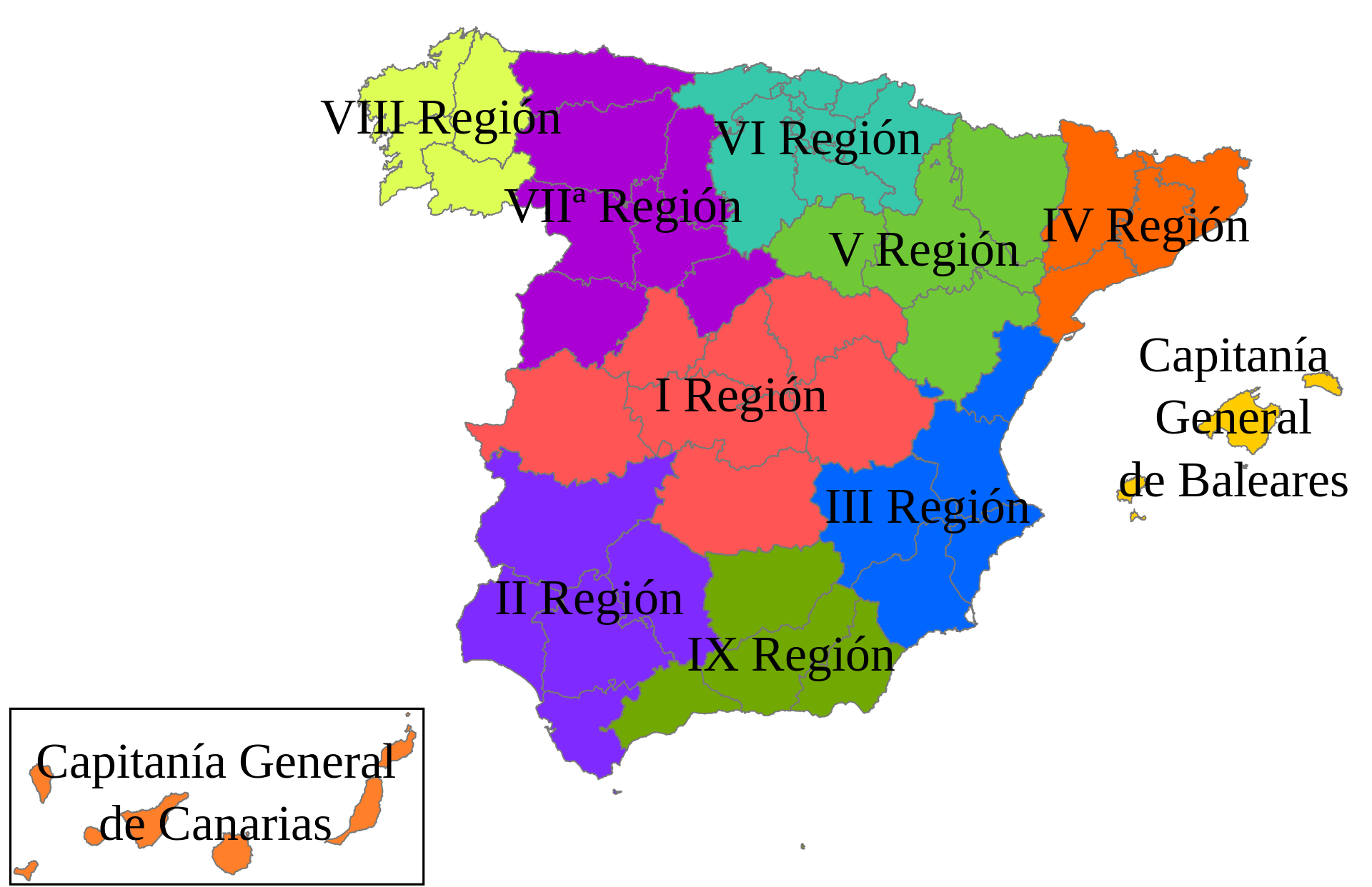 Regiones militares de España entre 1960 y 1984. Autor: Galdius, 2012. Fuente: Wikimedia Commons (CC BY-SA 4.0.)