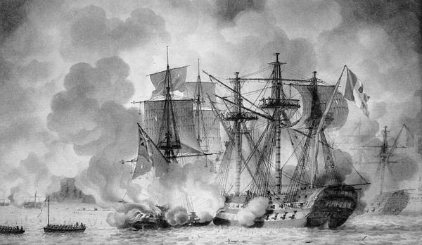 Régulus under attack by British fireships, during the evening of 11 April 1809. Louis-Philippe Crépin