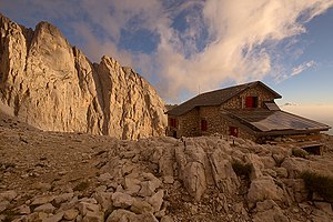 The Rifugio Franchetti at sunrise