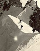 Alternating cornices on the Rochefort-Crest in the Mont-Blanc area in the European Alps - always overhanging above the steeper face of the crest.