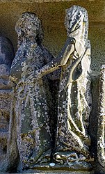 The visitation: Elizabeth, told by Mary of her pregnancy, touches Mary's stomach.