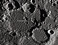 English: Sasserides lunar crater as seen from Earth with satellite craters labeled