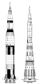 Сравнение на носителите Сатурн V (ляво) и Н-1 (дясно) в мащаб