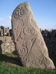 The Aberlemno I roadside symbol stone, Class I Pictish stone with Pictish symbols, showing (top to bottom) the serpent, the double disc and Z-rod and the mirror and comb Serpent stone.JPG