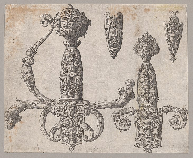 File:Sheet with Four Designs for Relief Decorations on Arms- Two Large Hilts for a Sword and a Dagger, and the Ornaments for the Tips of the Sheaths MET DP869293.jpg