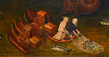 German ship mills on the Rhine at Cologne, around 1411. Shipmills, Martyrdom of St Ursula at Cologne (detail).jpg