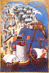 Banners of the order at the Siege of Rhodes (1480), shown as gules a cross argent, and as counter-quarterly gules a cross argent and or a cross ancree gules (c. 1483). SiegeOfRhodes1480.jpg