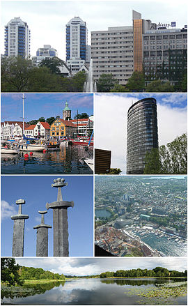 Top: Breiavatnet, middle left top: View of Vagen, middle right up: Rica Hotel, middle left bottom: Gamle area, bottom: Monument to the Battle of Hafrsfjord, middle right bottom: Stavanger aerial photo bottom: Lille Stokkavann