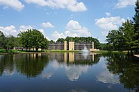A fountain flows in the SFA Ag Pond Stephen F. Austin State University August 2017 15 (Ag Pond and Hall 20).jpg