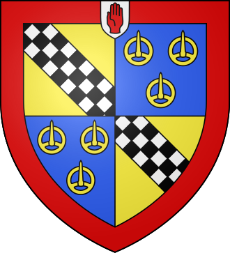 Arms of Stuart-Menteth baronets: Quarterly, 1st & 4th: Or a bend chequy argent and sable; 2nd & 3rd: Azure, three buckles or, all within a bordure gules Stuart-Menteth arms.svg