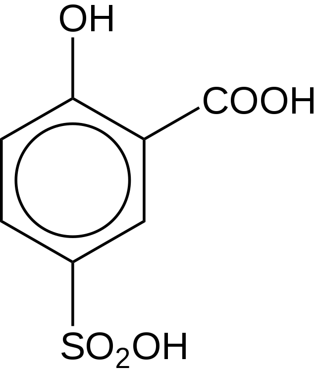 Сульфарсазен это. Сульфосалициловая кислота структурная формула. Формула сульфосалициловой кислоты. 5 Сульфосалициловая кислота. Сульфосалициловая кислота формула.
