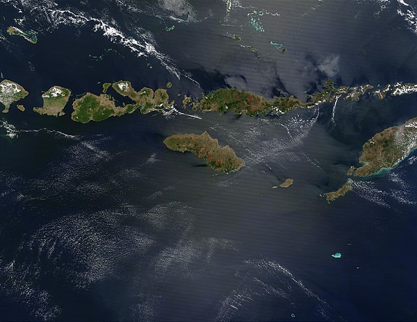 August 2003 NASA satellite photograph of the Lesser Sunda Islands; Sumba is in the bottom centre