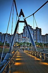 Tanjong Rhu Footbridge crosses over the Geylang River, and connects the gated communities along Tanjong Rhu Road with the Singapore Sports Hub. Tanjong Rhu Suspension Bridge (3834032832).jpg