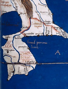 The Malay Peninsula, shown in the Ptolemy's map as the Golden Khersonese The Golden Chersonese - details from the eleventh map of Asia (southeast Asia).tif