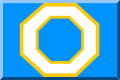 Three-dimensional blue flag with a white octagon with golden borders.svg