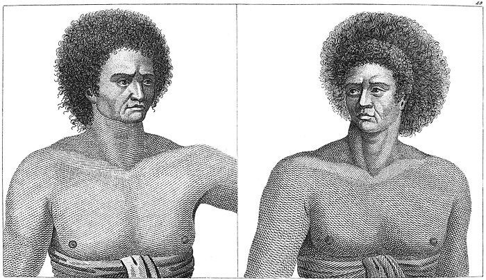Engravings of two men bare from the pectorals up, with big round hairdos