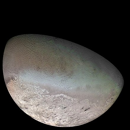 Triton, as imaged by Voyager 2. Triton is thought to be a captured dwarf planet.