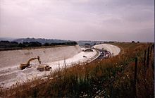 The cutting at Twyford Down, during construction of the M3 motorway, 1994 Twyford down.jpg