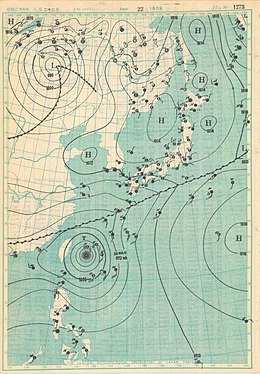 La mappa meteorologica del tifone Dinah il 22 giugno 1952.jpg