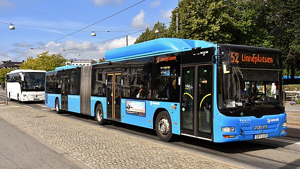 Västtrafik Keolis MAN Lion's City G NG313 CNG operating a line 52 service in Kungsportsavenyn, Gothenburg, Sweden.