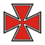 an insignia in the shape of a red maltese cross with a black outline