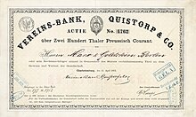 Aktie der Vereins-Bank, Quistorp & Co. über 200 Taler, ausgegeben am 11. April 1872 in Charlottenburg, eingetragen auf das im Gründungsgeschäft sehr aktive Berliner Privatbankhaus Marx & Goldstein, im Original unterschrieben von Heinrich Quistorp