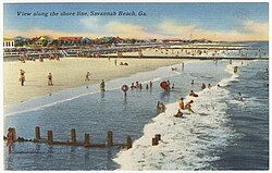 In August 1960, protestors conducted a "wade-in" at the segregated beach on Tybee Island (pictured c. 1930-1945). View along the shore line, Savanna Beach, Ga. (8367064437).jpg