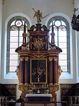 Altar with communion scene, coat of arms of Sachsen-Lauenburg, angel figure