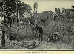 Prisoner about to be beheaded among the Boloki near the Ruki River. In this area, captured enemies were usually ransomed, sold into slavery, or else killed and eaten. Weeks Boloki method of beheading.jpg