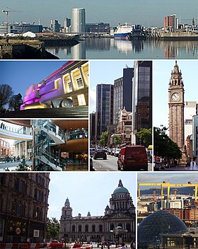 in heut : Ulster Museum, Victoria Square, Great Victoria Street et Albert Clock. Bas gueuche: Belfast City Hall. Bas droét : Harland and Wolff