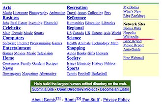 Exemple de webring : Bomis.com au début des années 2000. Un lien vers Wikipédia se trouve à droite.