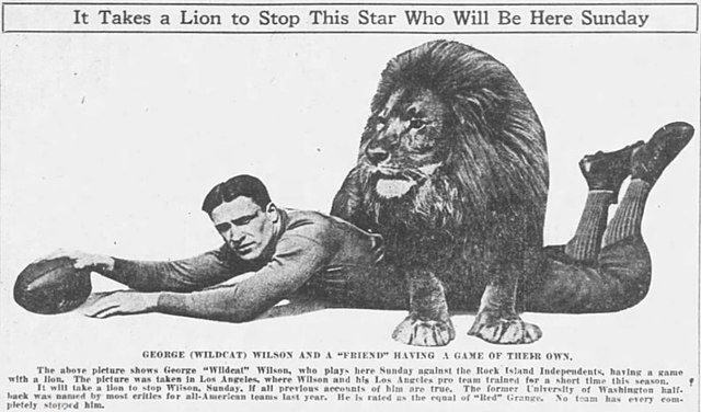 Promotional image of Wilson and a lion, from The Rock Island Argus of September 23, 1926