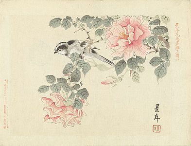 Zwart-wit vogeltje tussen roze rozen door Imao Keinen (Japan)