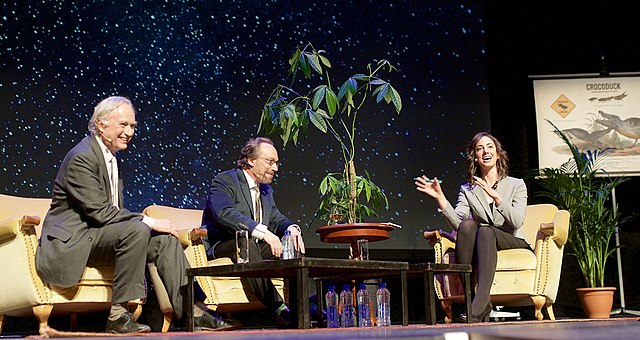 Galef (right) at Het Denkgelag 2015 moderating a conversation between Richard Dawkins and Lawrence Krauss